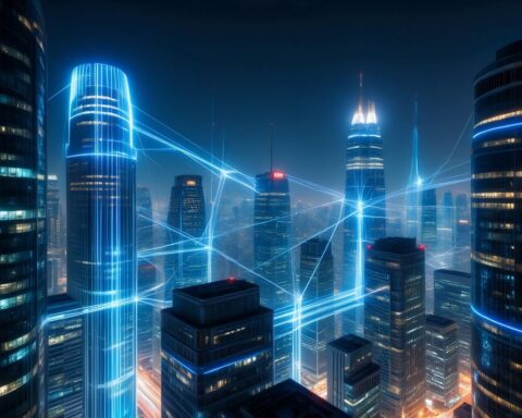 Futuristic city network technology cityscape skyline connected buildings