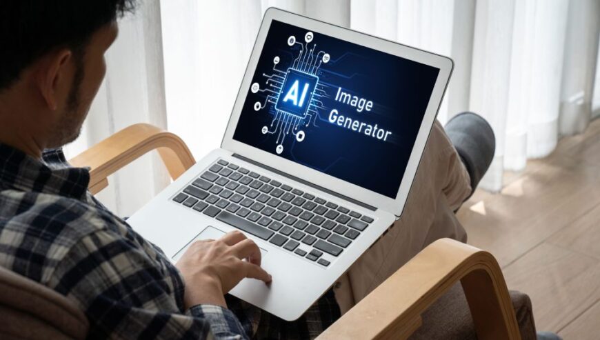Man using a laptop displaying an AI image generator interface, illustrating how artificial intelligence creates digital images from text prompts
