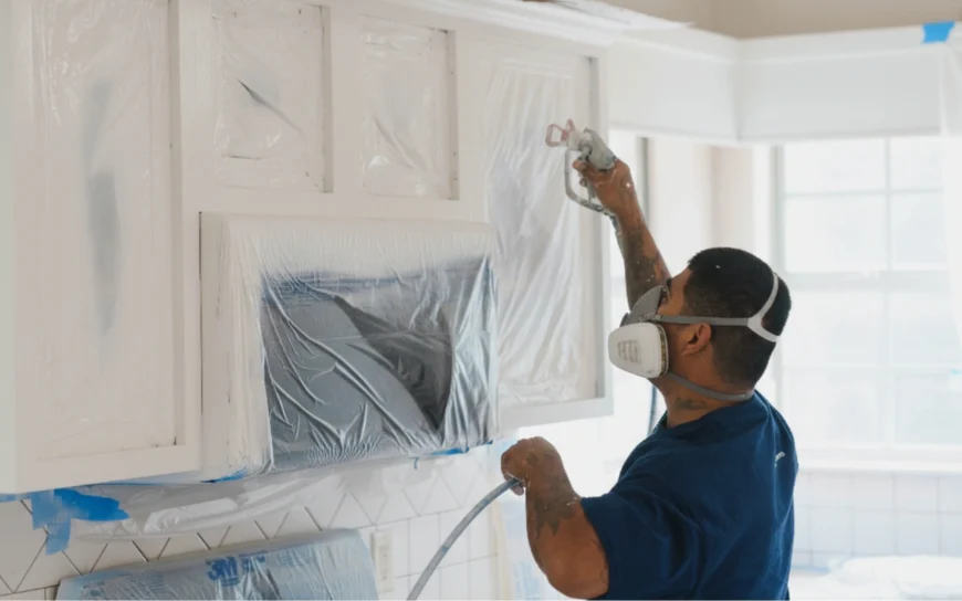 Professional painter wearing a respirator spray-painting kitchen cabinets, with surrounding surfaces protected by plastic sheeting and masking tape