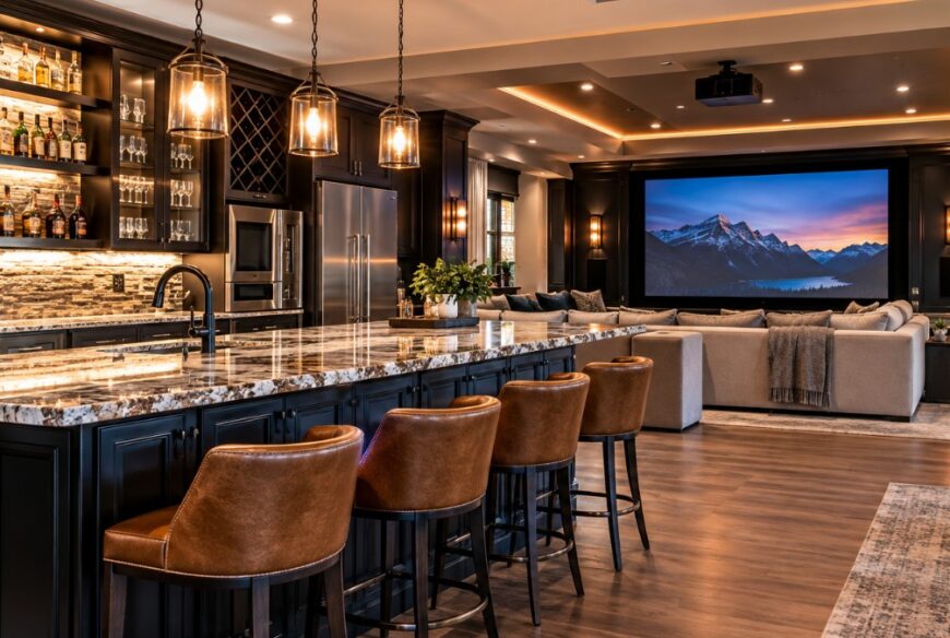 Luxurious home entertainment room featuring a marble bar, leather stools, large home theater screen and pool table, with a red X symbol indicating renovations to avoid before selling